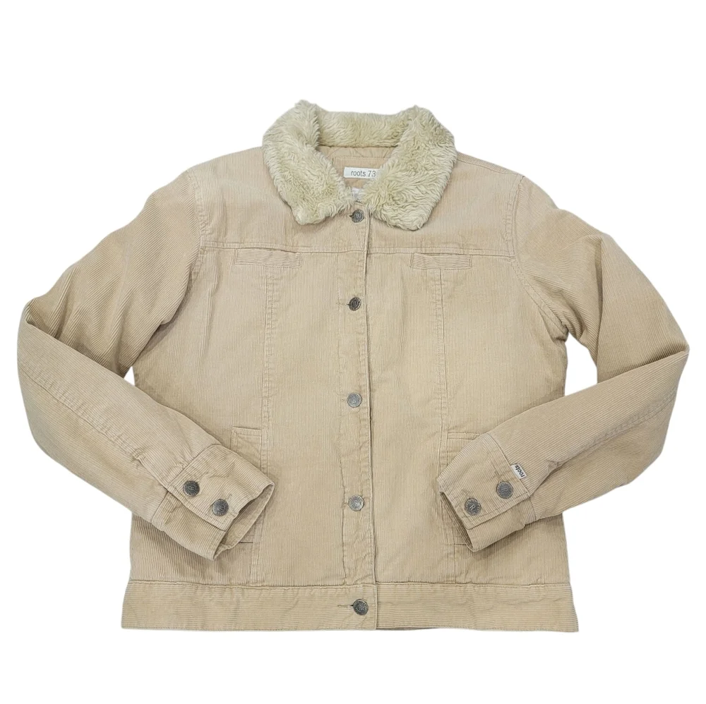 Roots 73 Corduroy Sherpa Collar Trucker Jacket Tan Quilted Lined Barn Women’s L - Picture 3 of 16